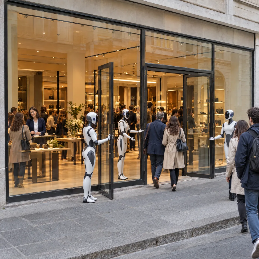 Dopo: Lo stesso negozio pieno di clienti, con la titolare dentro; fuori tre robot aprono la porta e accolgono chi entra.