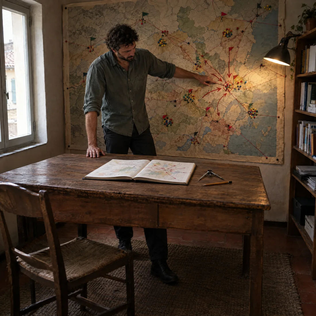 Dopo: Lo stesso ufficio diventato una sala strategica: una grande mappa del mercato sul muro, un solo piano aperto sul tavolo e lui che indica il punto dove convergono le frecce.