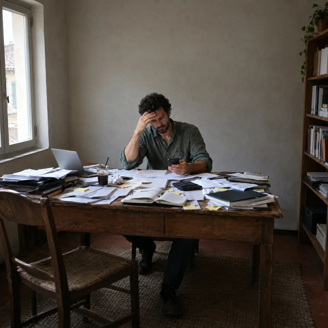 Prima: Un professionista nel suo piccolo ufficio, alla scrivania sommersa di fogli e conti, con il telefono in mano e la fronte fra le dita.